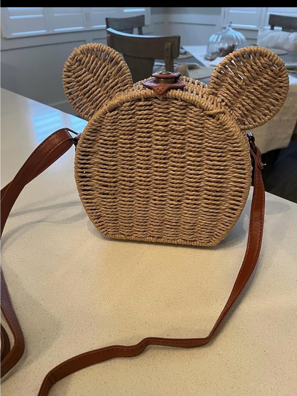 Woven Round Crossbody Bag with Ears - Natural Straw